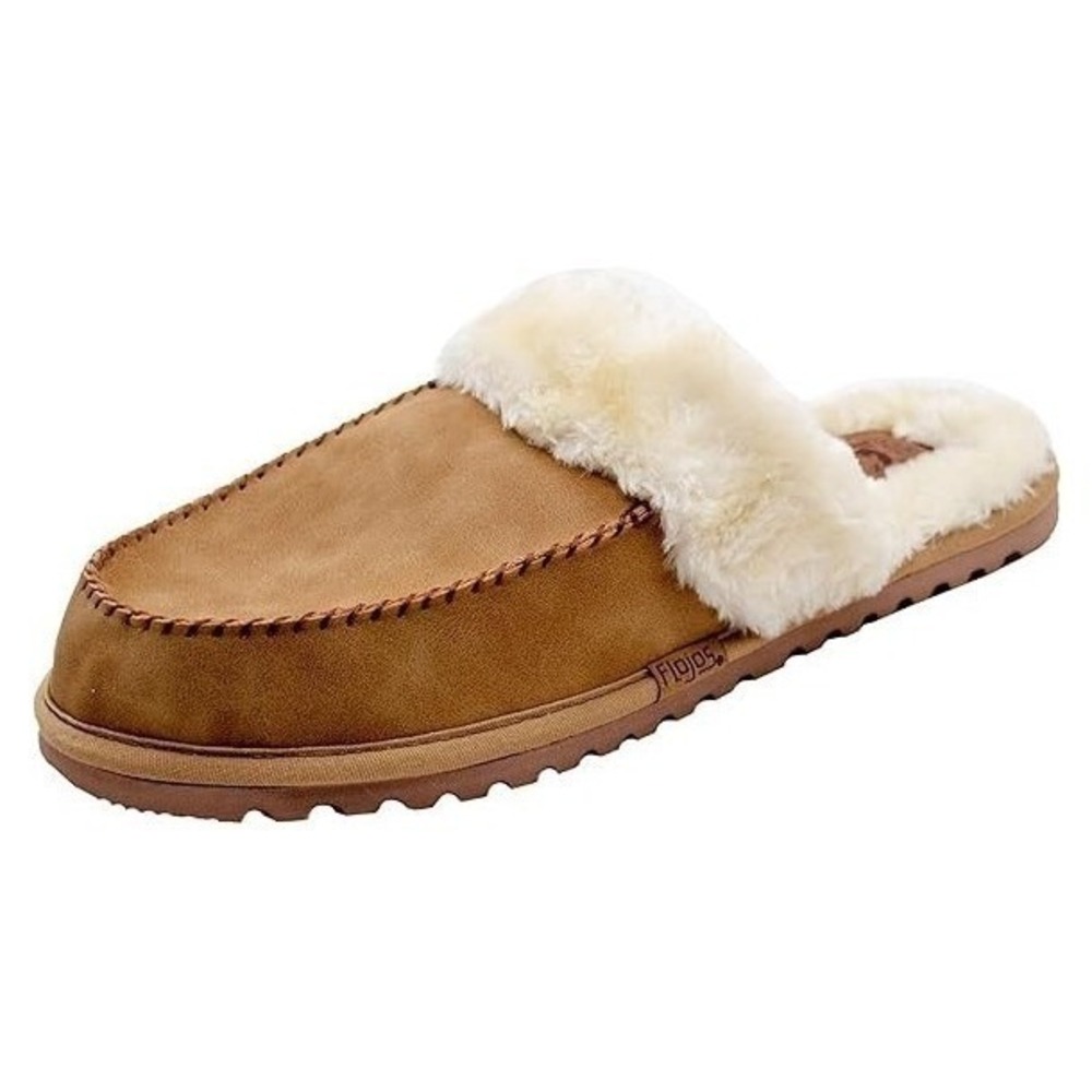 Flojos Lynx Unisex Size M10 W11 Slippers Faux Leather Shearling Trim & Sock Tan
